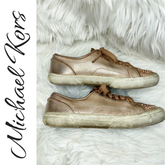 MICHAEL KORS ROSE GOLD METALLIC STUDDED LOW TOP LEATHER SNEAKERS, SIZE 6.5 - Picture 5 of 12